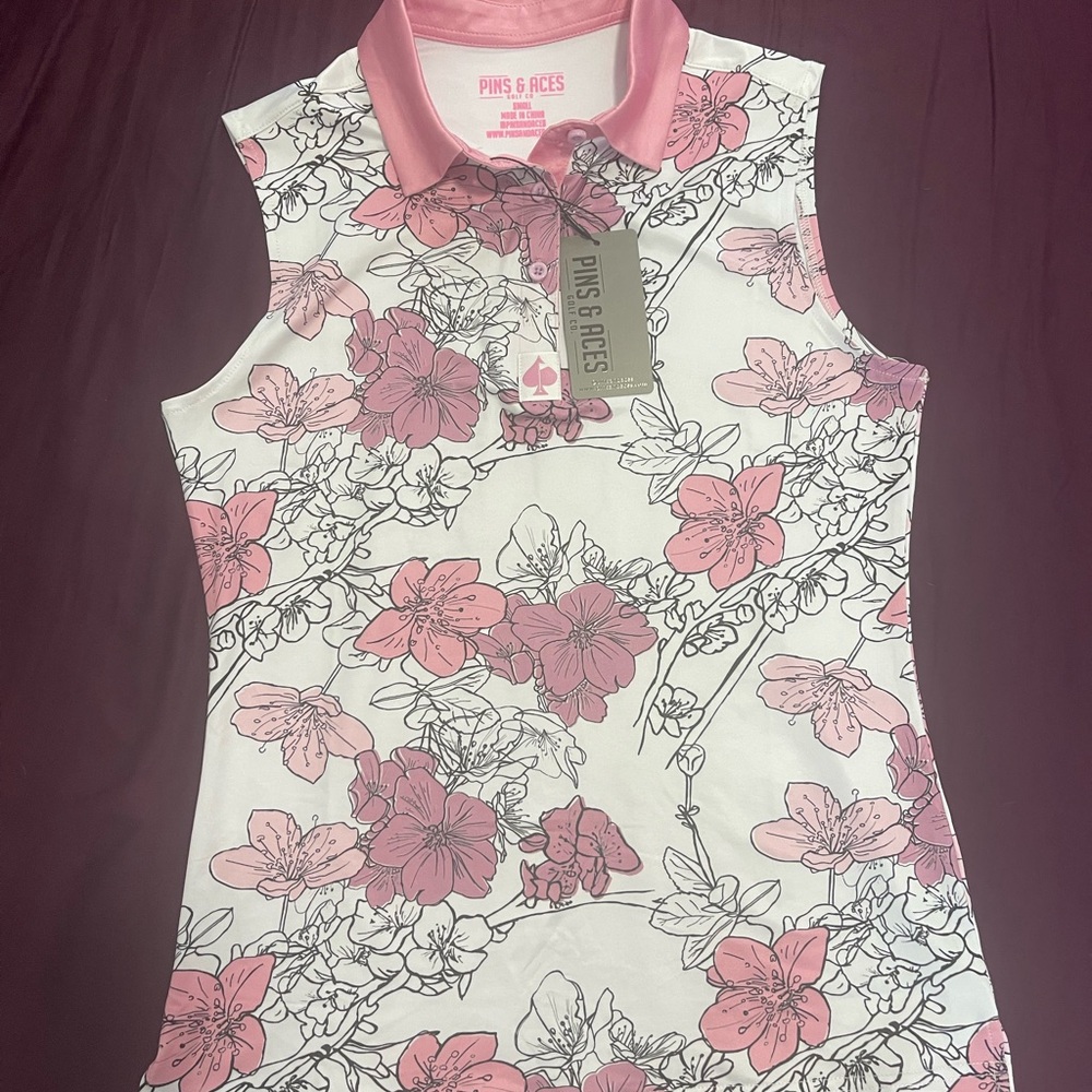 Pink and White Sleeveless Fitted Polo Tank Top